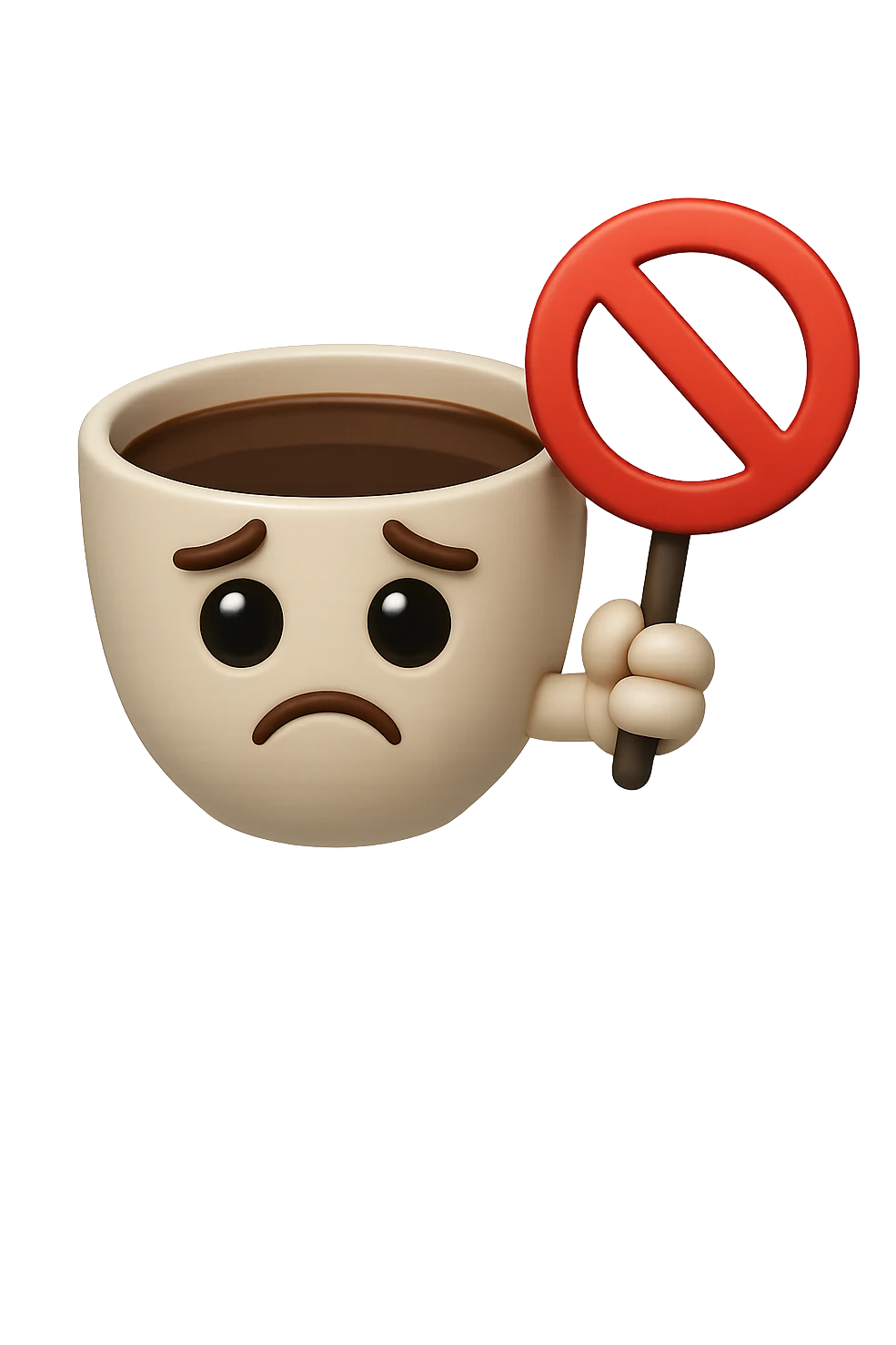 emoji stile iphone di una tazzina di caffè con espressione triste in volto mentre tiene un divieto in mano, iperrealistico 4k emoji