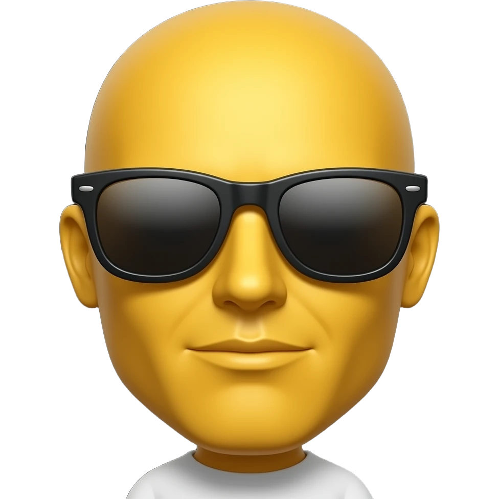 Emoji de cara redonda amarilla con gafas de sol oscuras, la luz se refleja en su superficie, . que el fondo sea negro con la boca cerrada emoji