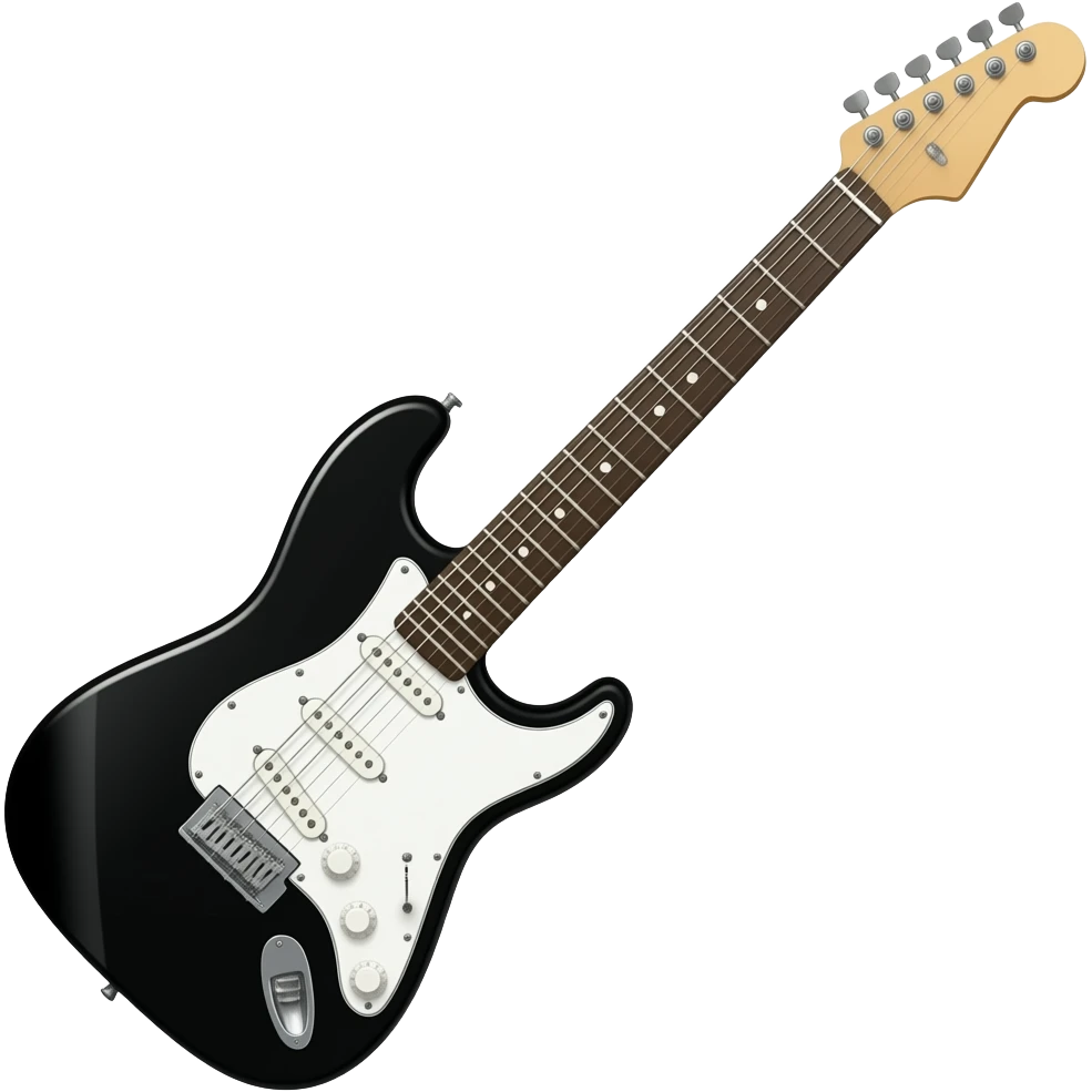Black and white telecaster tilted 45 degrees to the right and clip art style emoji