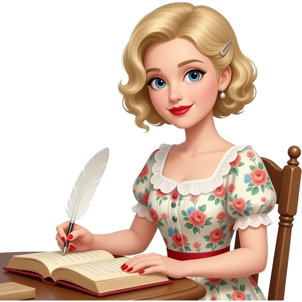 short blonde curly hair side swept bob writing in an antique book with a pen, Victorian floral dress, hair pinned up with red lipstick, red finger nail on an antique desk emoji