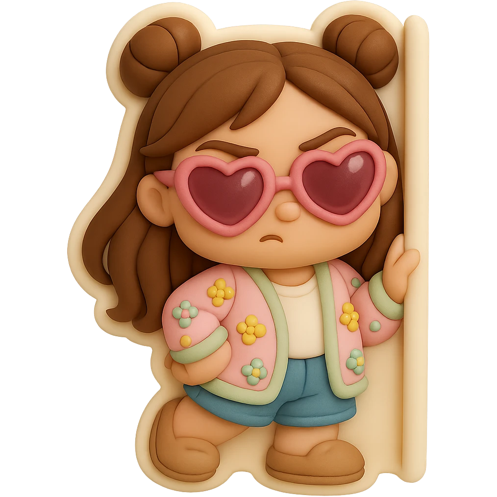 Create a 3D chibi fondant cake art style image of a girl based on the reference image. Preserve facial features and eye shape exactly as in the reference. She has long brown hair styled in two space buns, brown eyes, and shoes. The girl is posing playfully wearing pink heart-shaped sunglasses with a shiny highlight on the lenses, looking sassy and confident. Include a thick white outline like a sticker and ensure the background is transparent. The rendering should be high-quality with smooth shadows and soft gradients. emoji
