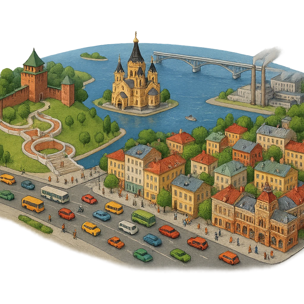 Изометричная миниатюрная фотореалистичная 3D модель панорамы Нижнего Новгорода - Нижегородский Кремль, Стрелка между Окой и Волгой, ГАЗ, Чкаловская лестница, Борский Мост через Волгу, Нижегородская ярмарка, нижегородские дома, автотранспорт четкие линии, яркие цвета, мультяшный реализм, люди, автотранспорт, компактная композиция, вид сверху в изометрии, прозрачный фон emoji