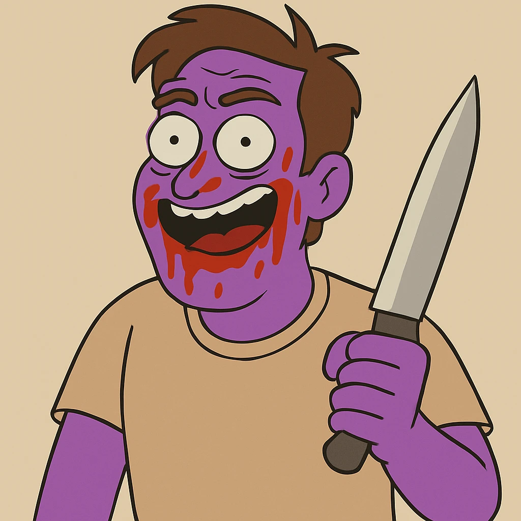 Edit the image of a man to have purple skin, keep everything else as in the original, cartoon style, holding a knife, ketchup on the face, humorous expression, neutral background. emoji