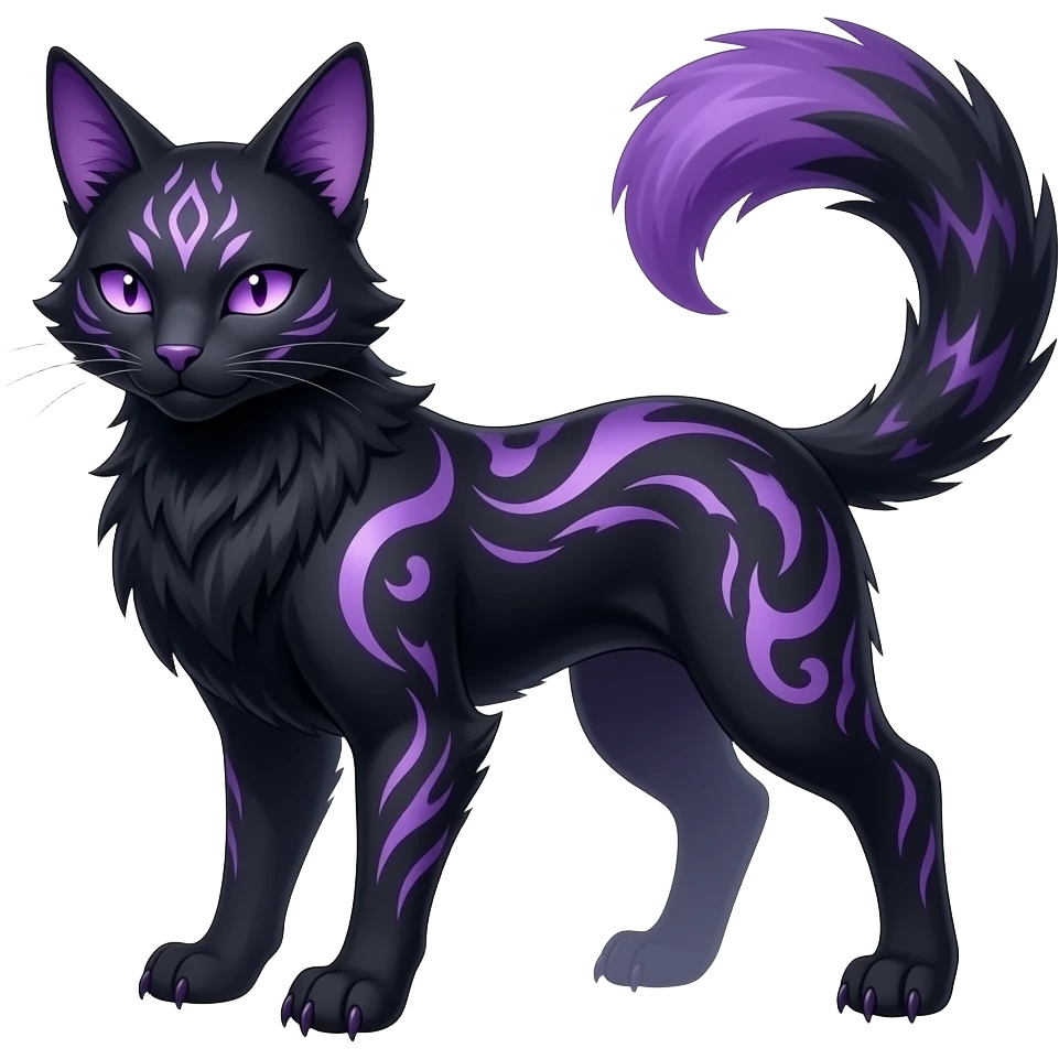 Realistic dark black purplish blackish edgy fantasy ethereal feline-vernid-sergal-monster-furret-Lycanroc-umbreon-fursona animal creature full body with intricate markings emoji