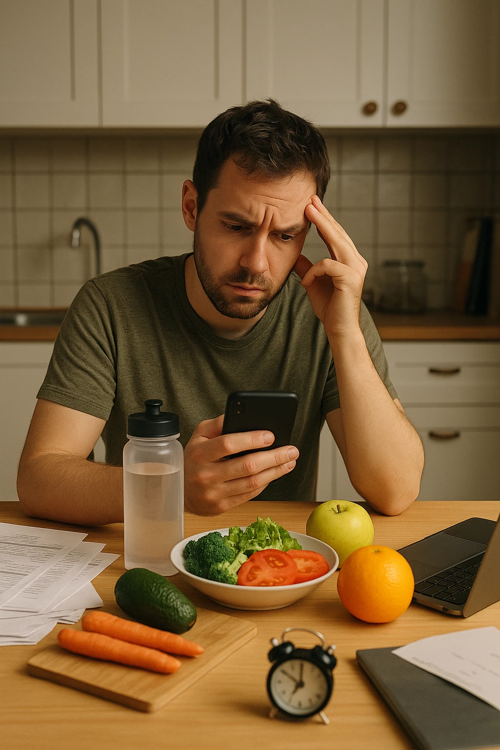  a man sits at his kitchen table, reviewing a food diary or nutrition app on his phone, with a perplexed look. Around him are healthy meal ingredients and a water bottle, but also subtle hints of stress (bills, work laptop) and lack of sleep (alarm clock showing late hour). The mood is thoughtful, highlighting the hidden factors behind weight. emoji