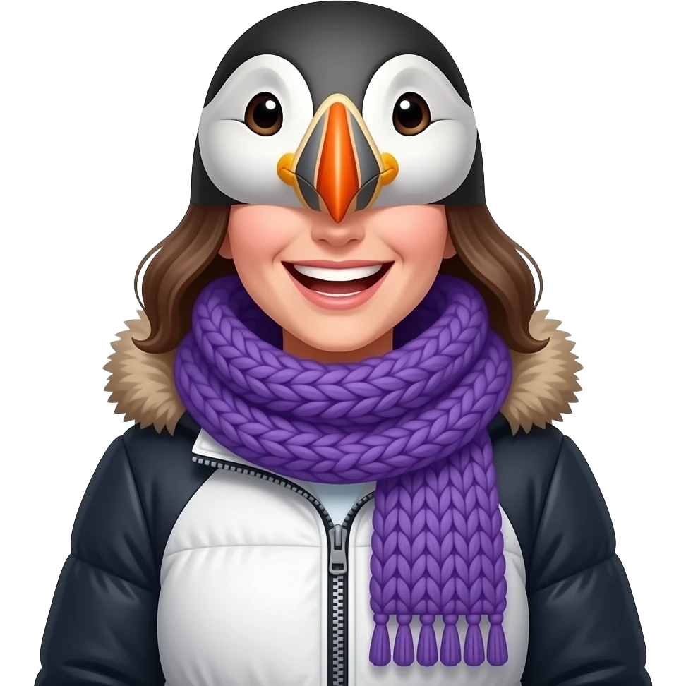 english winter woman with big purple knit scarves on neck back puffin jacket laughing emoji