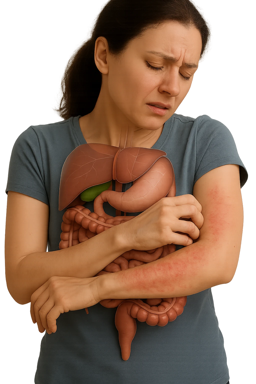 donna con intestino umano anatomico realistico che si gratta il braccio su cui ha un'eritema, iperrealistica 4k emoji
