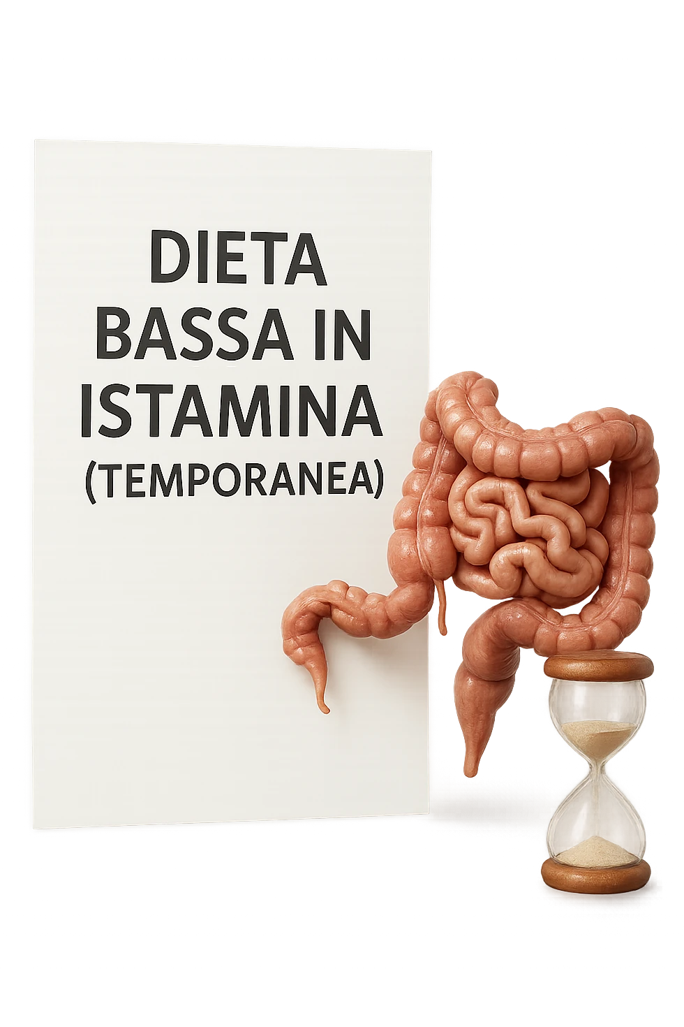 foglio di carta di una dieta con la scritta "DIETA BASSA IN ISTAMINA (TEMPORANEA), E ACCANTO CI METTI UN INTESTINO IN MINIATURA E UNA CLESSIDRA, iperrealistico 4k emoji