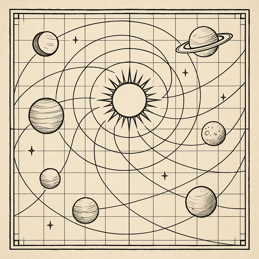 a design for an decorative black and white map, showing linework of galactic planets and a galactic ley lines. matrix map. black linework. neat and minimal design

 emoji