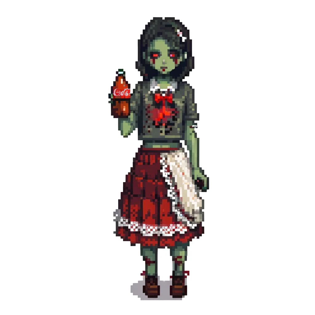 Generate an Asian girl, dark-haired, she's a zombie, wearing a skirt with lace, slightly torn,
Holding a bottle of Coca-Cola in her hands.
Background: a dark street in the style of Gotham City  emoji
