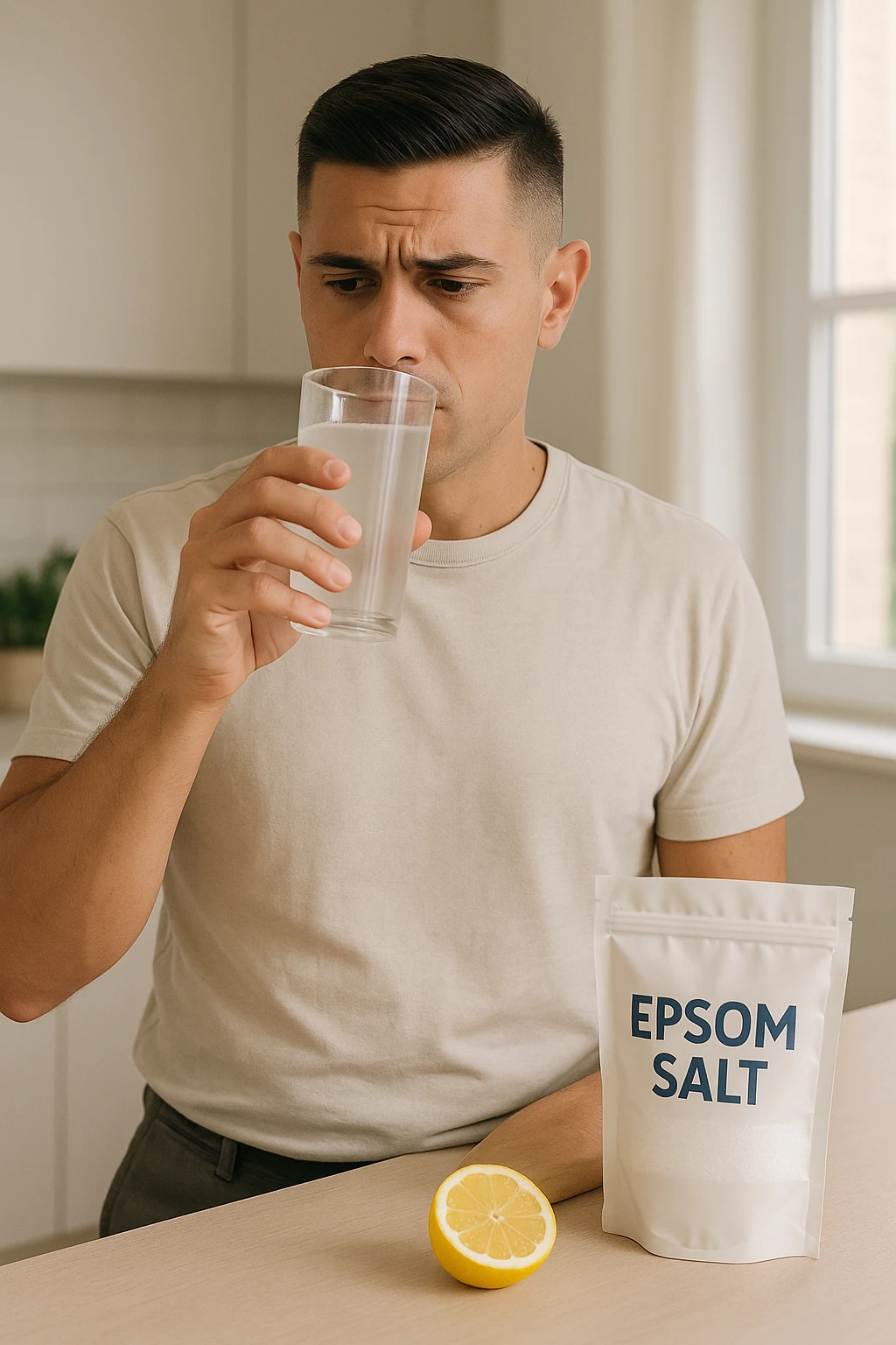 A realistic, bright photo-style image of a young man in his 30s standing in his kitchen, holding a clear glass filled with water in which Epsom salt (magnesium sulfate) has been dissolved. He looks focused but slightly uncertain as he prepares to drink it for a liver flush or digestive cleanse. The glass shows slight cloudiness from the dissolved salt. On the counter are a packet labeled 'Epsom Salt' and a sliced lemon, suggesting he might use it to mask the taste. The setting is clean, natural, and bright with neutral tones. The background shows sunlight streaming through a window, emphasizing a clean, minimalist health-focused environment. The mood conveys a realistic, calm moment of self-care with a hint of discomfort, illustrating a natural detox practice in italiano emoji