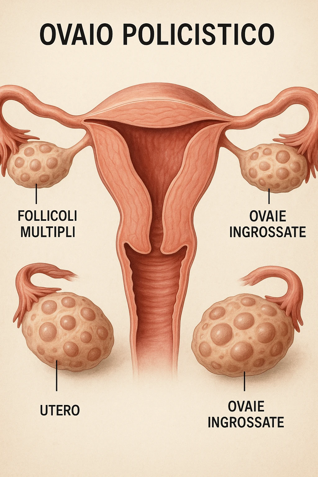 realistic 3D medical image of anatomical section of uterus and ovaries with PCOS, multiple follicles, enlarged ovaries, clinical details, natural colors, Italian captions, aspect ratio 2:3 emoji