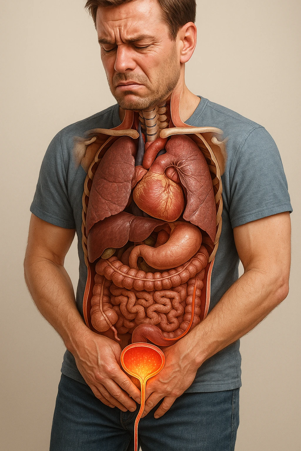 Vertical, hyper-realistic 3D cutaway illustration: uomo con difficoltà con cistite e problemi  emoji