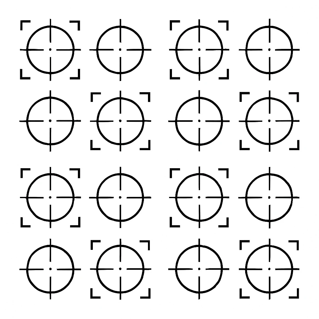 a series of layout markings spaced in an even symmetrical grid, as in camera viewfinder crosshairs. black and white high contrast, precision optics emoji