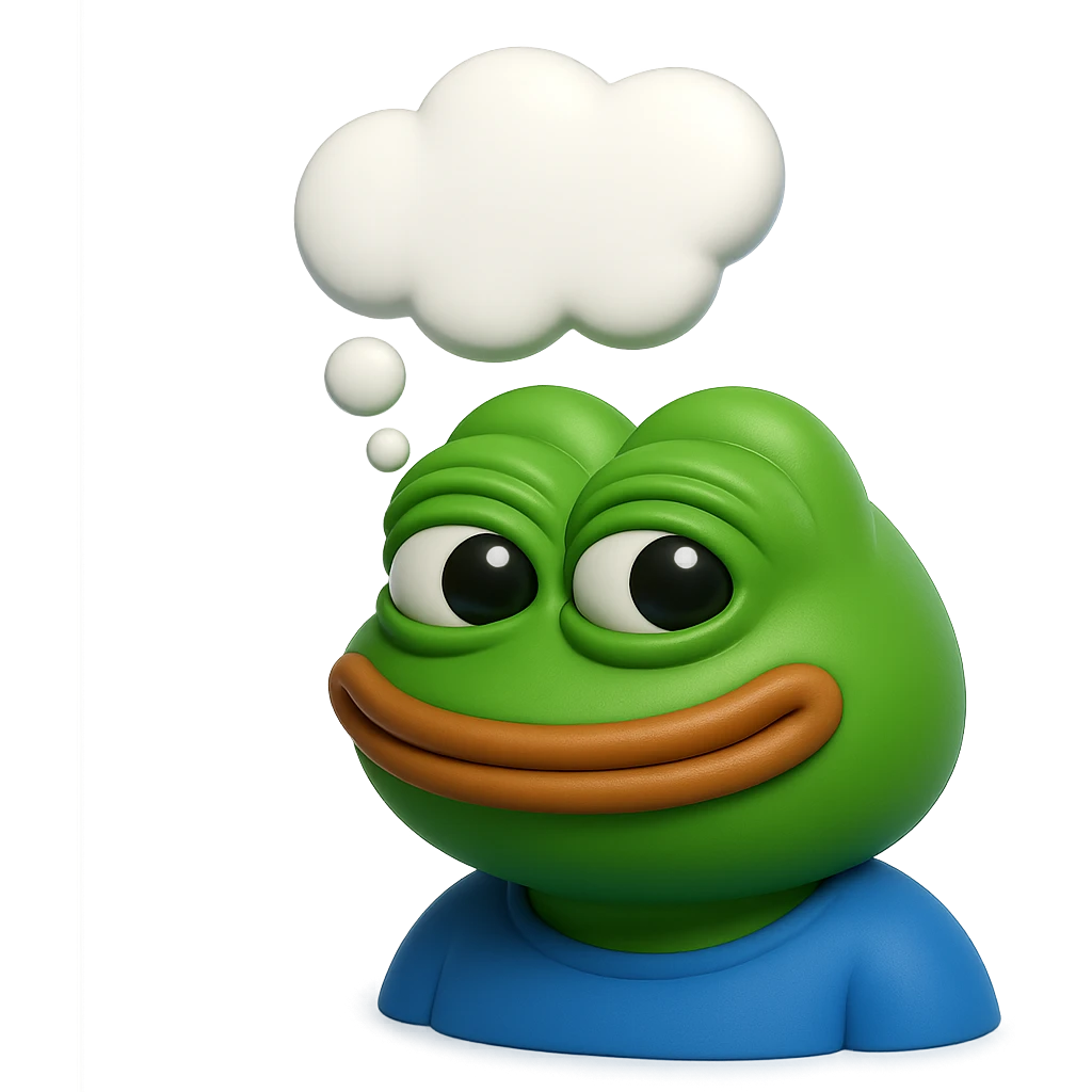 make a pepe in bright green smiling with thought bubble looking at right side in 3d style, good highlights and shadows, drop shadows  emoji