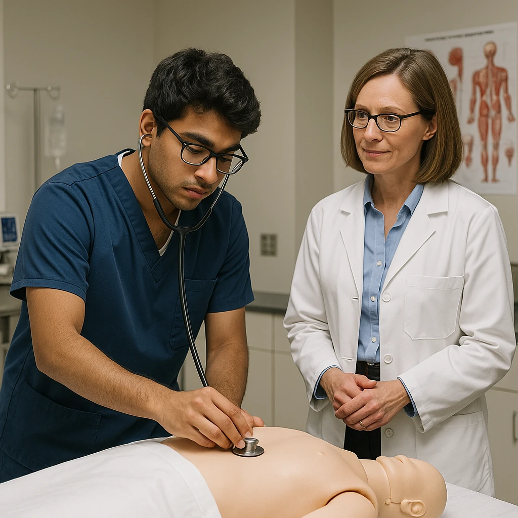 A student practicing clinical skills with a teacher observing, in a medical or healthcare setting, detailed, professional, educational environment emoji