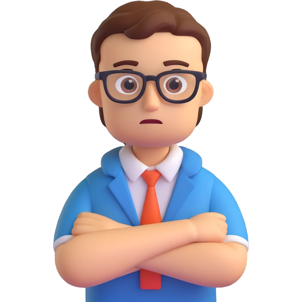 nerd with arms crossed, worried expression, 3D emoji style emoji