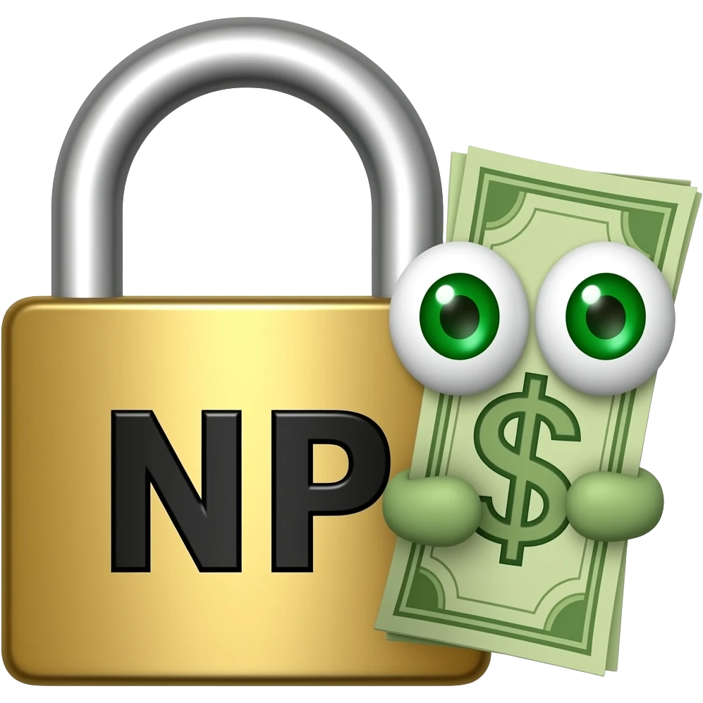 A gold lock that says “NP” in black with money in hands and green dollar sign eyes emoji