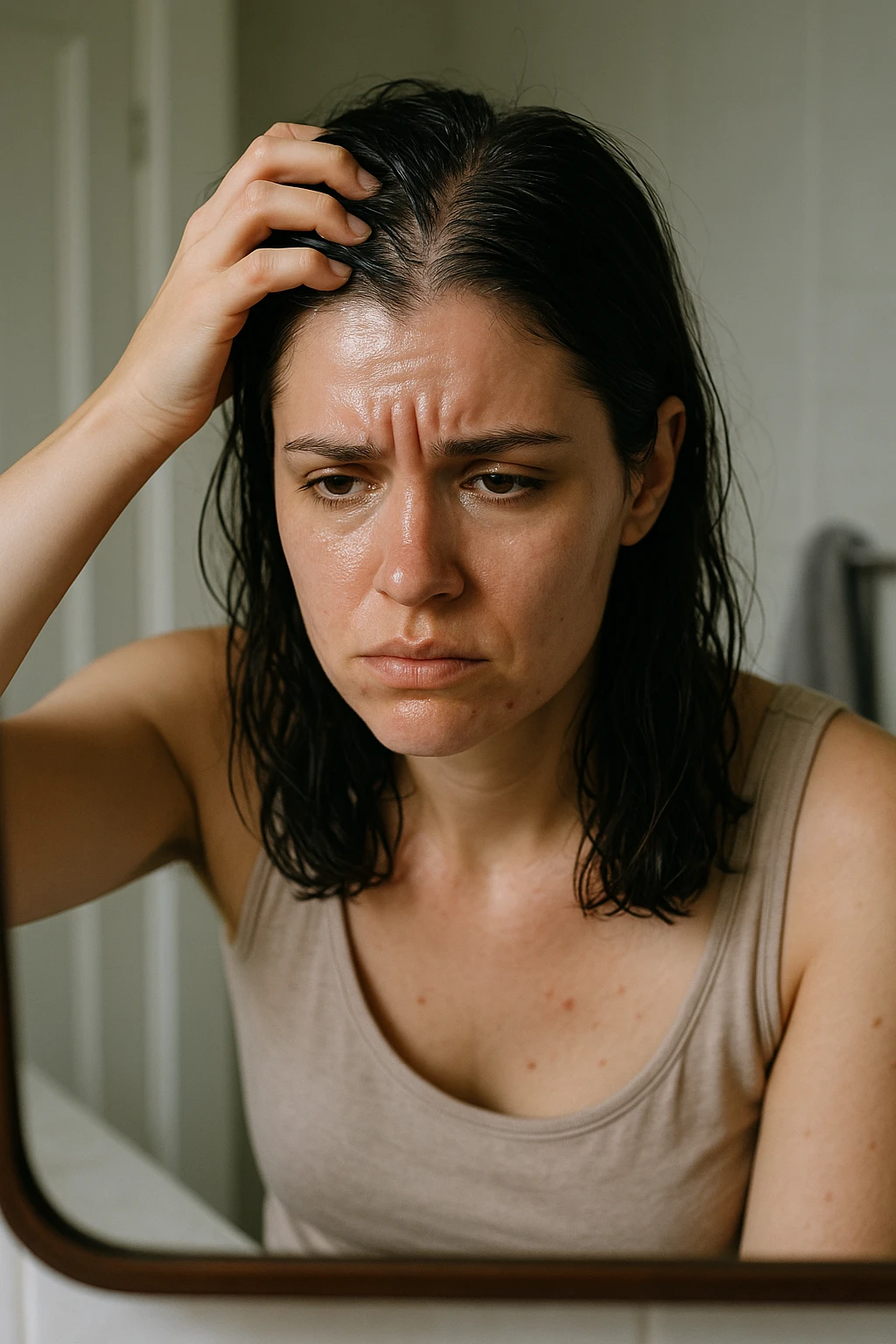 A realistic, cinematic portrait of a young woman in her late 20s sitting in front of a mirror, visibly frustrated. Her skin appears oily with a shiny forehead and cheeks, while her dark hair looks greasy and clumped, suggesting excessive sebum production. She lightly touches her scalp with concern while observing her reflection. Her expression is a mix of exhaustion and discomfort, emphasizing the emotional burden of these symptoms. The bathroom setting is softly lit with neutral daylight, reflecting a realistic environment. Subtle details such as small acne spots on the jawline and chin highlight androgen-related PCOS symptoms. Style: clean, detailed, 35mm realism with soft depth of field to keep focus on her expression and the greasy hair texture, while the background remains minimal to maintain emotional impact emoji