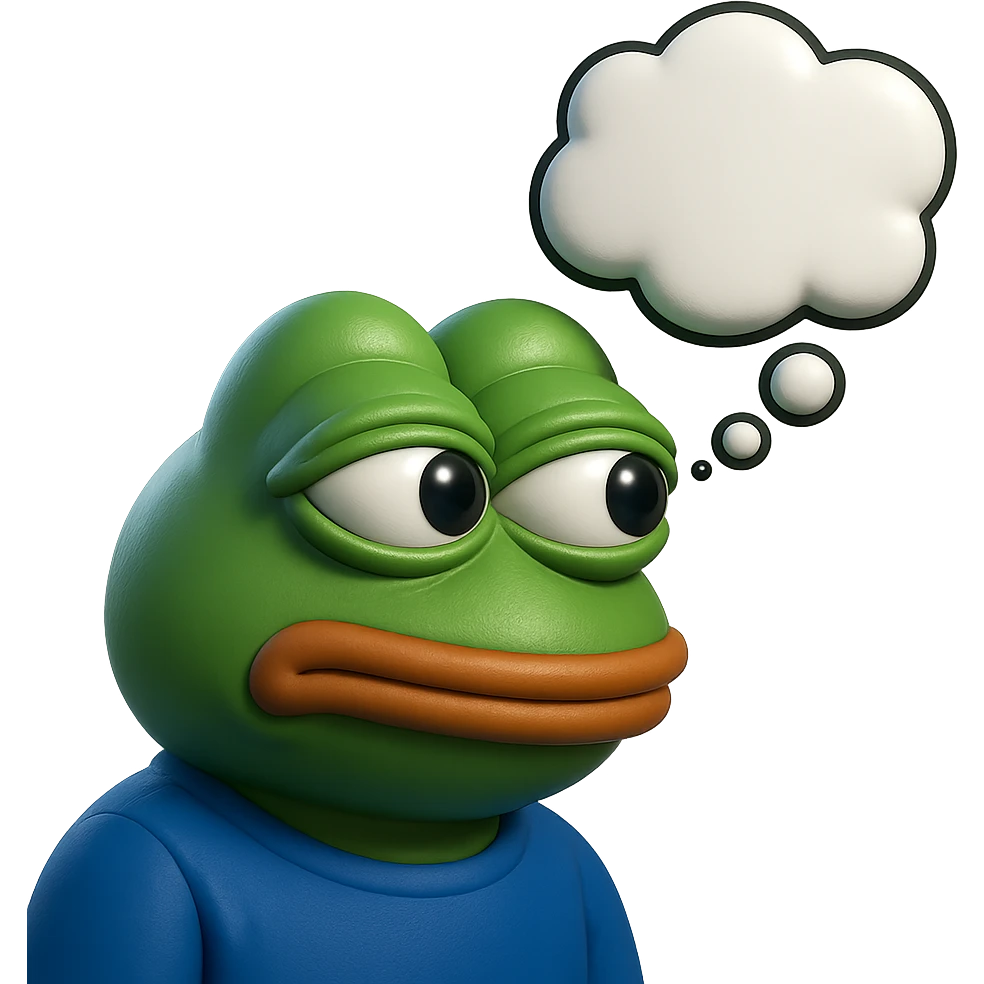 make a pepe with thought bubble looking at left side in 3d style, good highlights and shadows, drop shadows  emoji