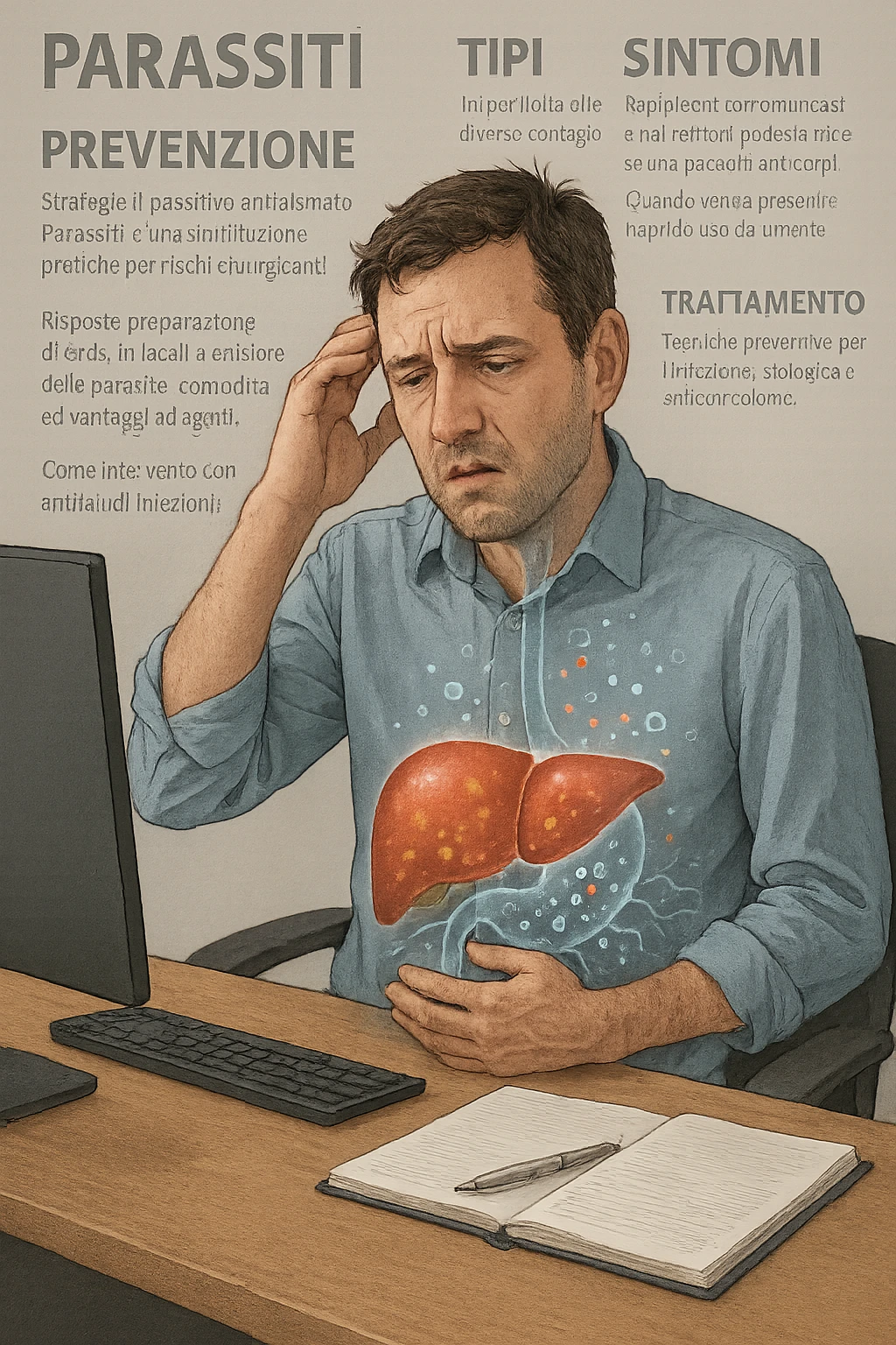 Man sitting at office desk experiencing subtle symptoms of liver dysfunction, upper abdominal pain, nausea, and unexplained fatigue Parasites: Types, Symptoms, Treatment & Prevention, expression of confusion about vague health issues, liver shown in transparent overlay with early inflammation, toxins beginning to accumulate in bloodstream, productivity declining as liver struggles to filter properly in italiano emoji