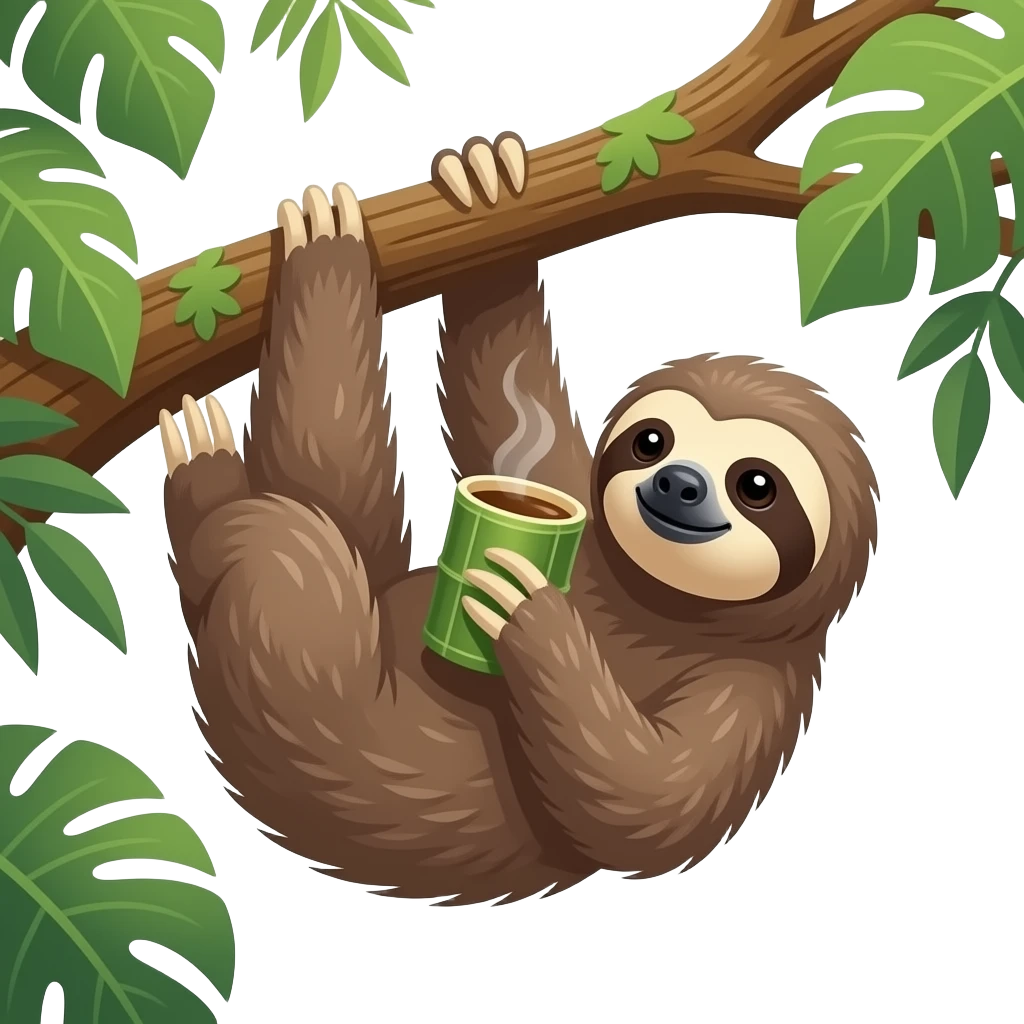 hanging sloth on big jungle tree branch drink coffee bamboo cup hanging emoji