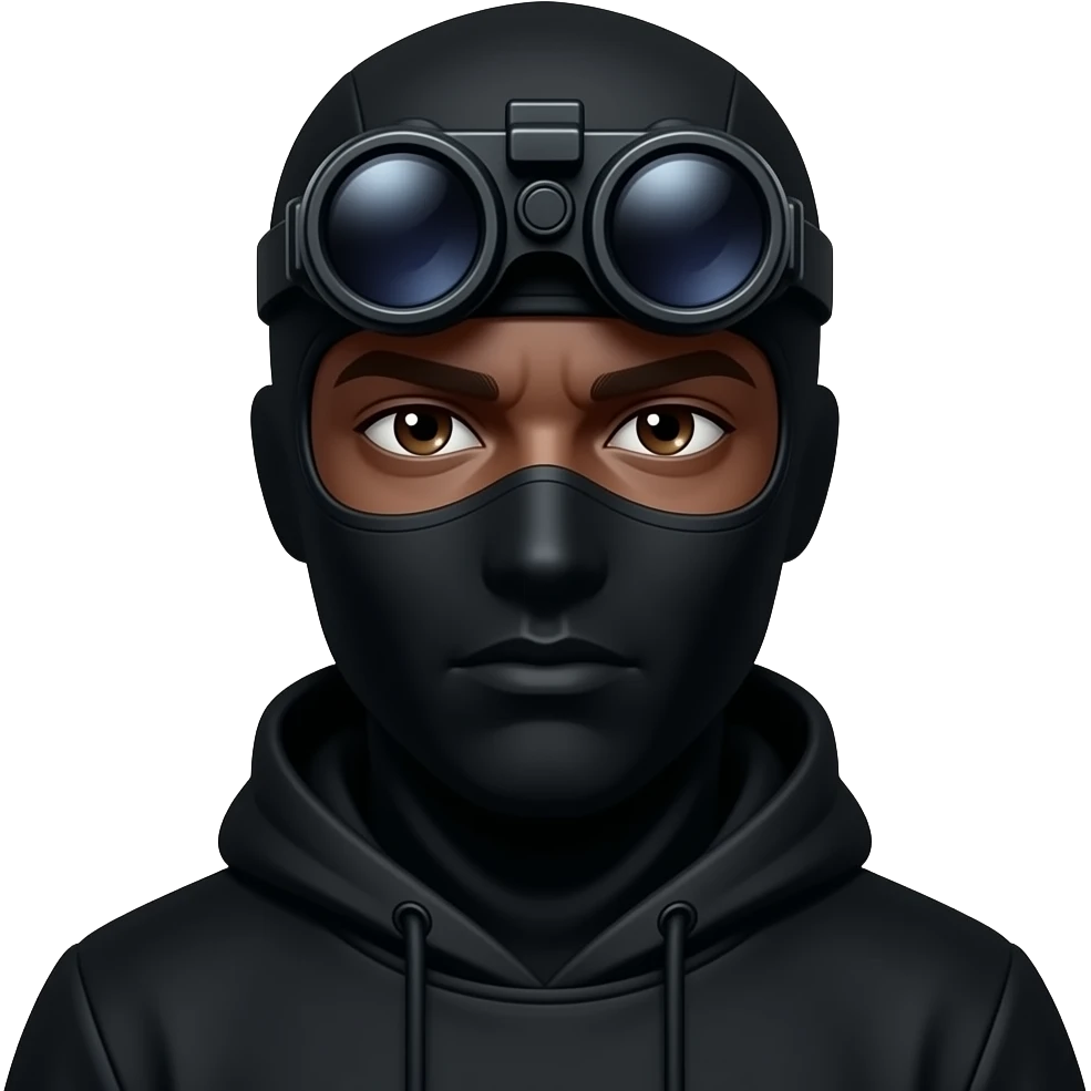 man with brown eyes wearing black clothes, face painted black and a black balaclava and a black night vision device on his headtop emoji