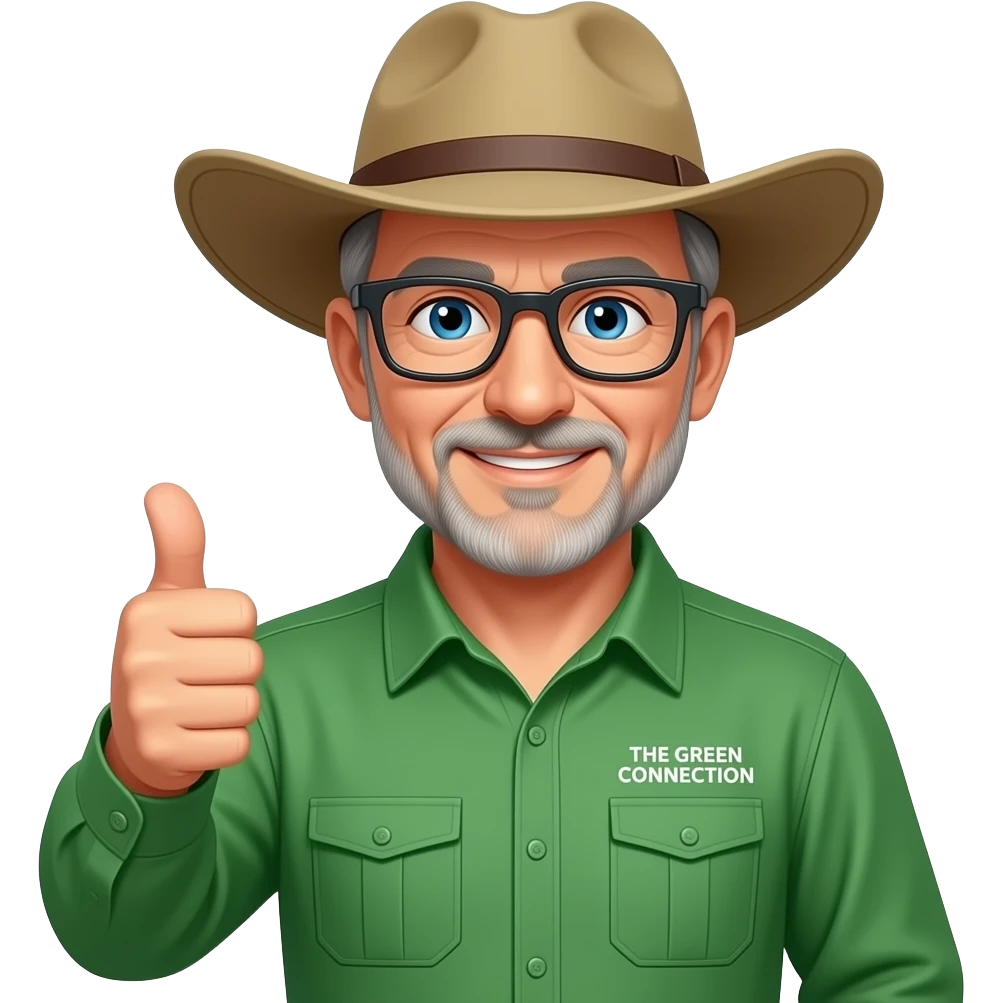 middle-aged man, flecks of grey hair. Blue eyes, dark-rimmed rectangle glasses, in a green-collared, long-sleeve shirt & a wide-brim Australia Akubru hat. Giving a thumbs up. Put 'THE GREEN CONNECTION' in white directly onto the left pocket & onto the right pocket, place 'MY TREE DOCTOR' emoji