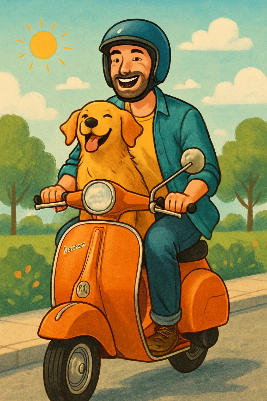 man and his pet dog riding a vespa emoji