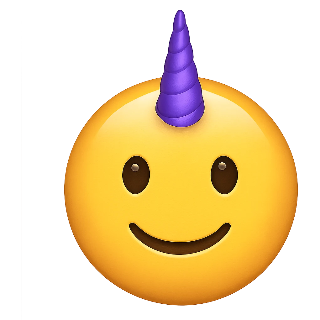 yellow face with purple unicorn horn, digital illustration, emoji style emoji