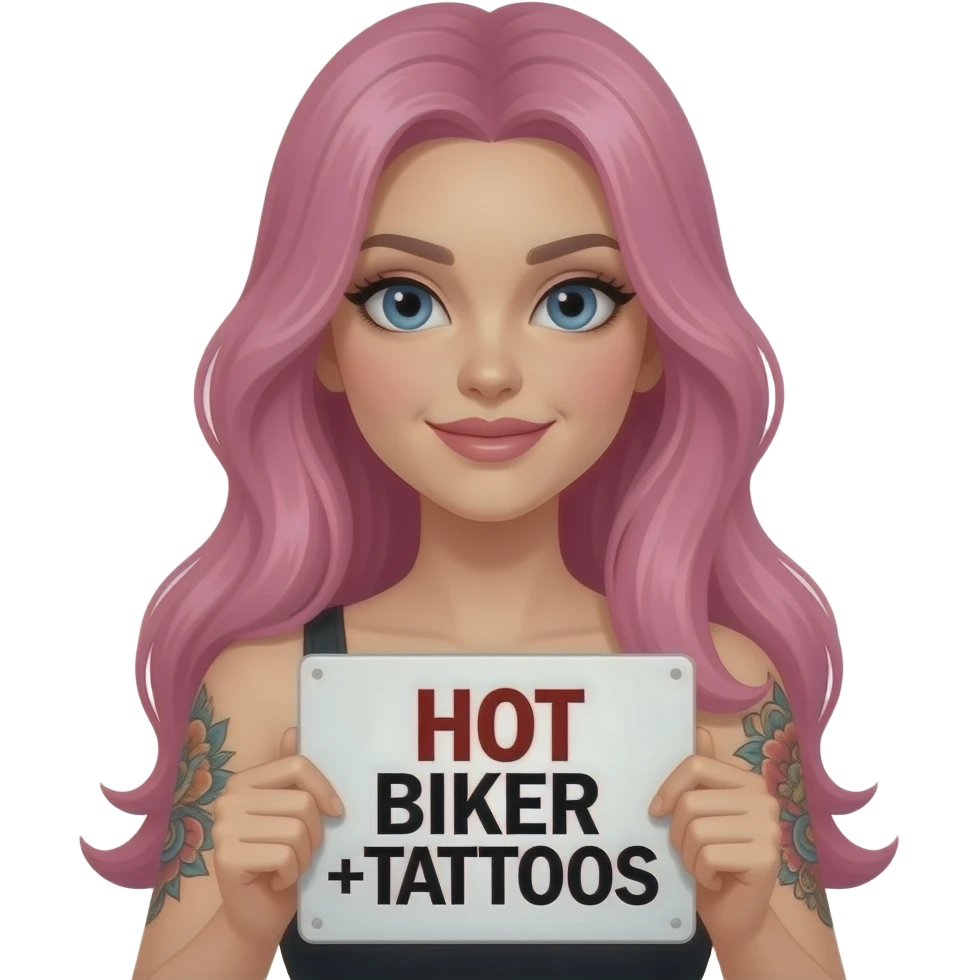 sexy girl with long pink hair holding a HOT BIKER+TATTOOS sign emoji