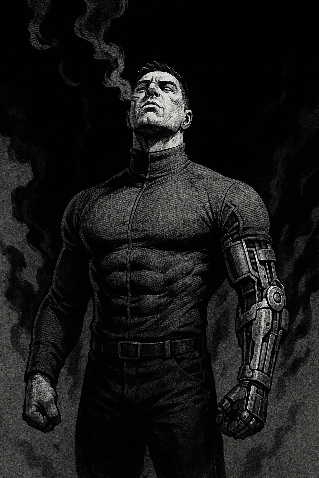 Black and white comic book panel of an extremely muscular Italian man with cybernetic implants standing in the dark, surrounded by smoke. He is wearing a long-sleeved shirt with a high collar, and his chest is sculpted. emoji