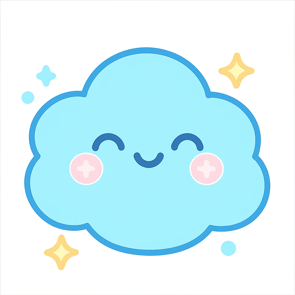 chibi cloud character, extra round and puffy, smiling with closed eyes, pastel sky blue, sparkles, gentle lighting, kawaii vector sticker emoji