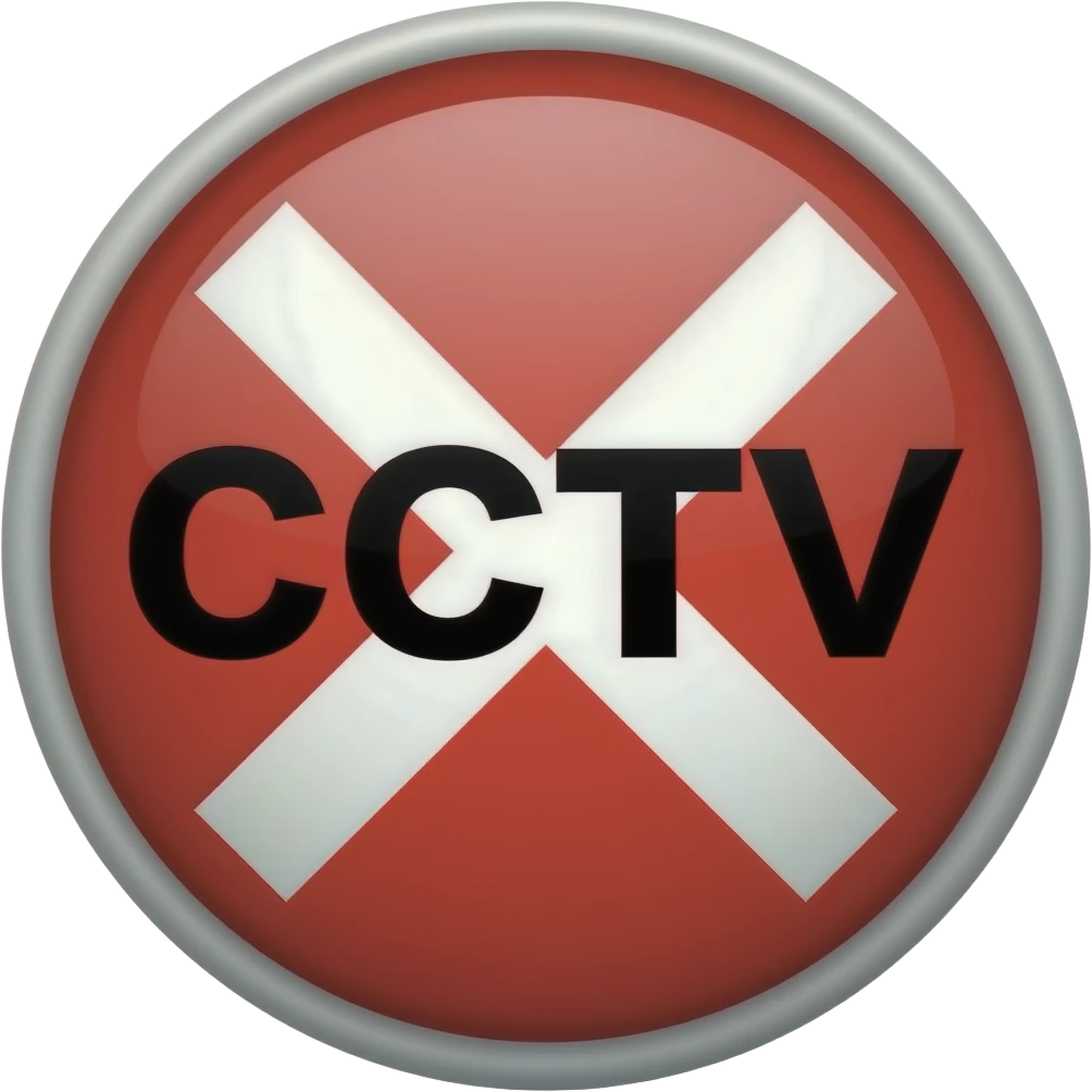 Red filled circle with white X and arrow on all end points on the X white circle in the middle. Big bold CCTV word in the centre in black emoji