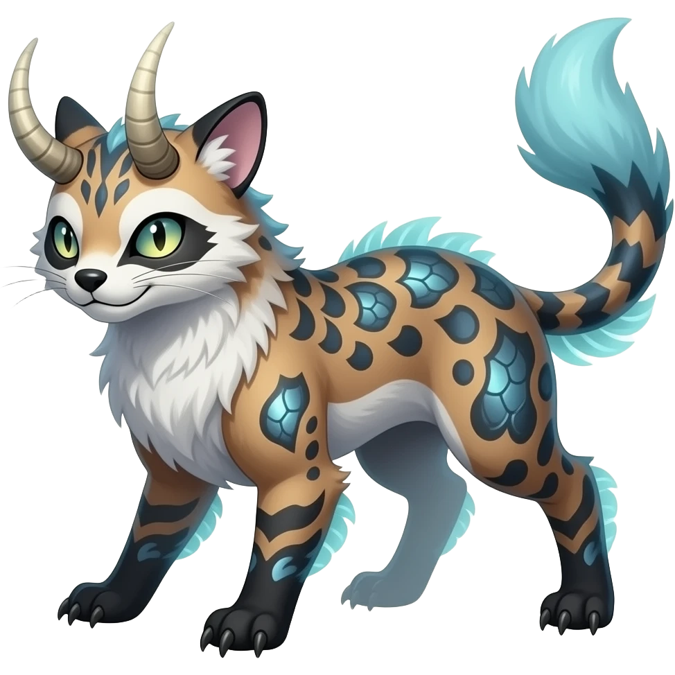 Horned unique-patterned damask spooky ghostly evil finned stylish aesthetic quadrupedal fuzzy fury scaly feral fantasy-Civet-Luxray-Corsola-Amaura-Aurorus-Primarina-Gyarados-Vaporeon-Milotic-Furret-Fakémon-fusion-hybrid-creature emoji