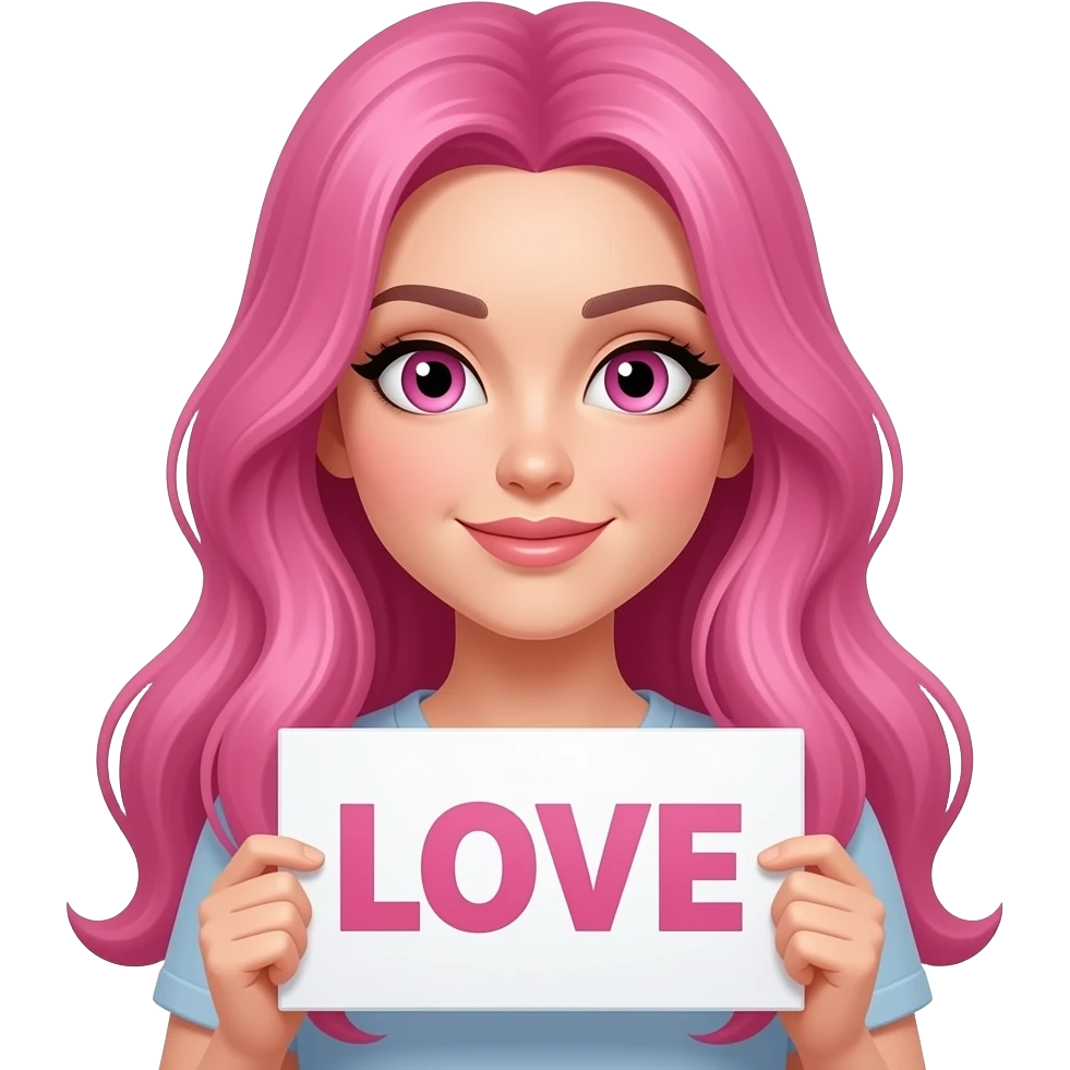 sexy girl with long pink hair and pink eyes holding LOVE sign emoji
