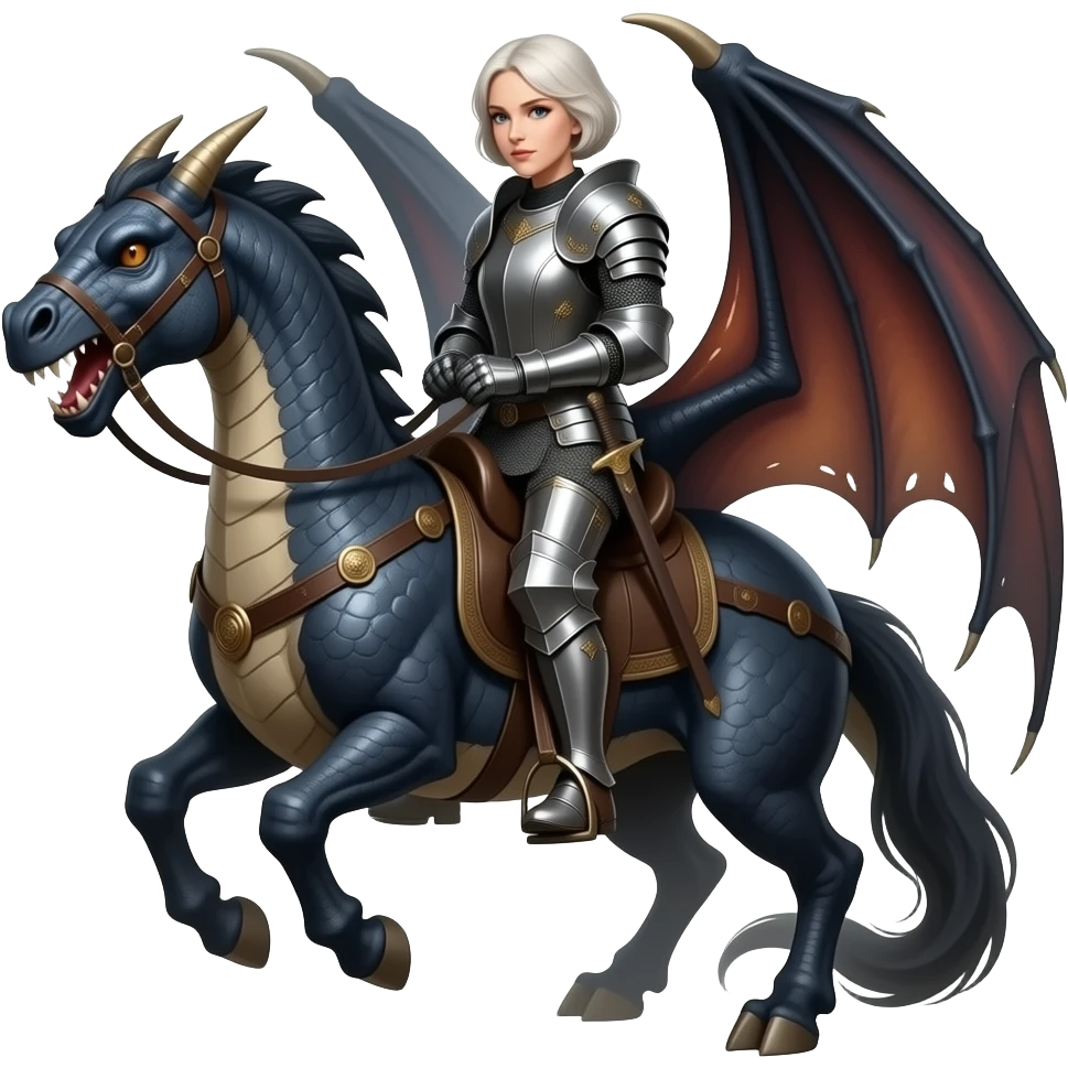 older Targerian woman warrior with short hair riding dragon emoji
