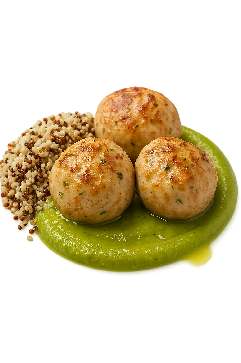 polpette di tacchino, purè di zucchine, quinoa e olio di oliva, iperrealistico 4k emoji