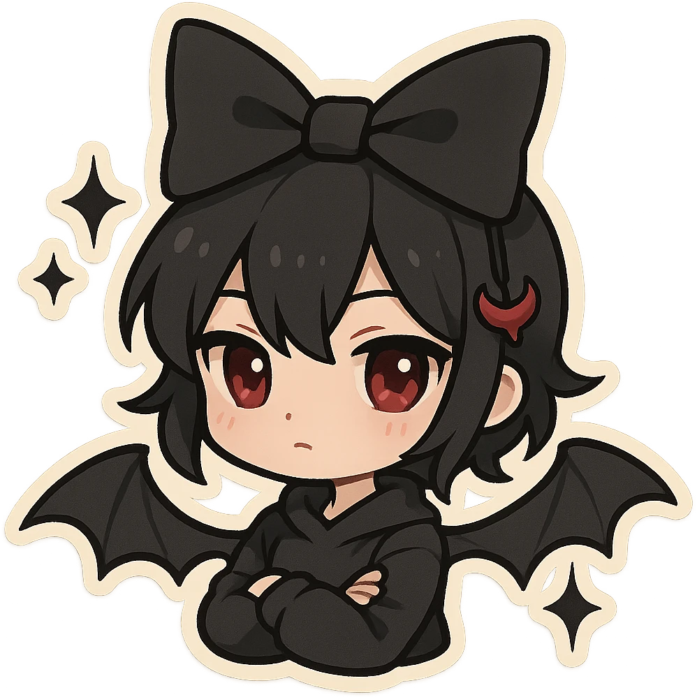 devil bow, chibi style, matte black, sharp edges, small red horn charm, modern dark aesthetic, bat wings, sparkles emoji