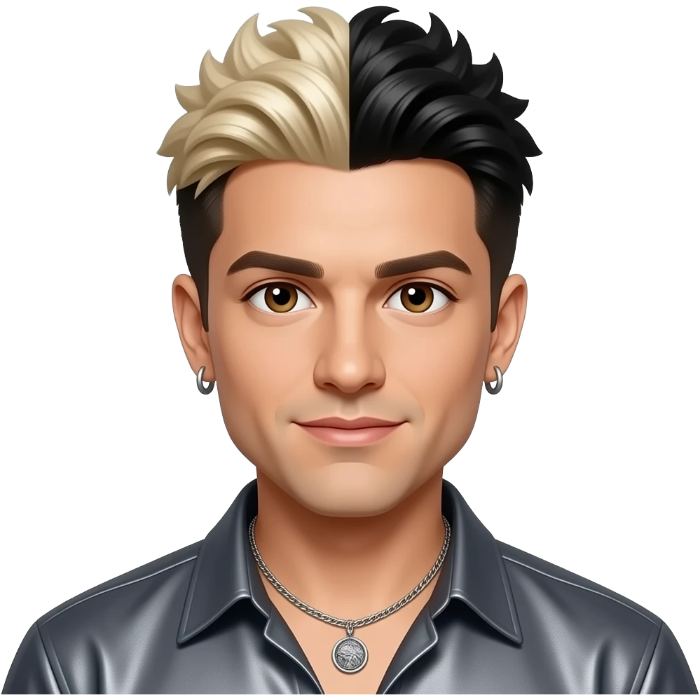 Chris Kirkpatrick from NSYNC with brown eyes, black 90s pineapple ponytail hair with white-blond highlights, dark grey metallic shirt, necklace and earrings emoji