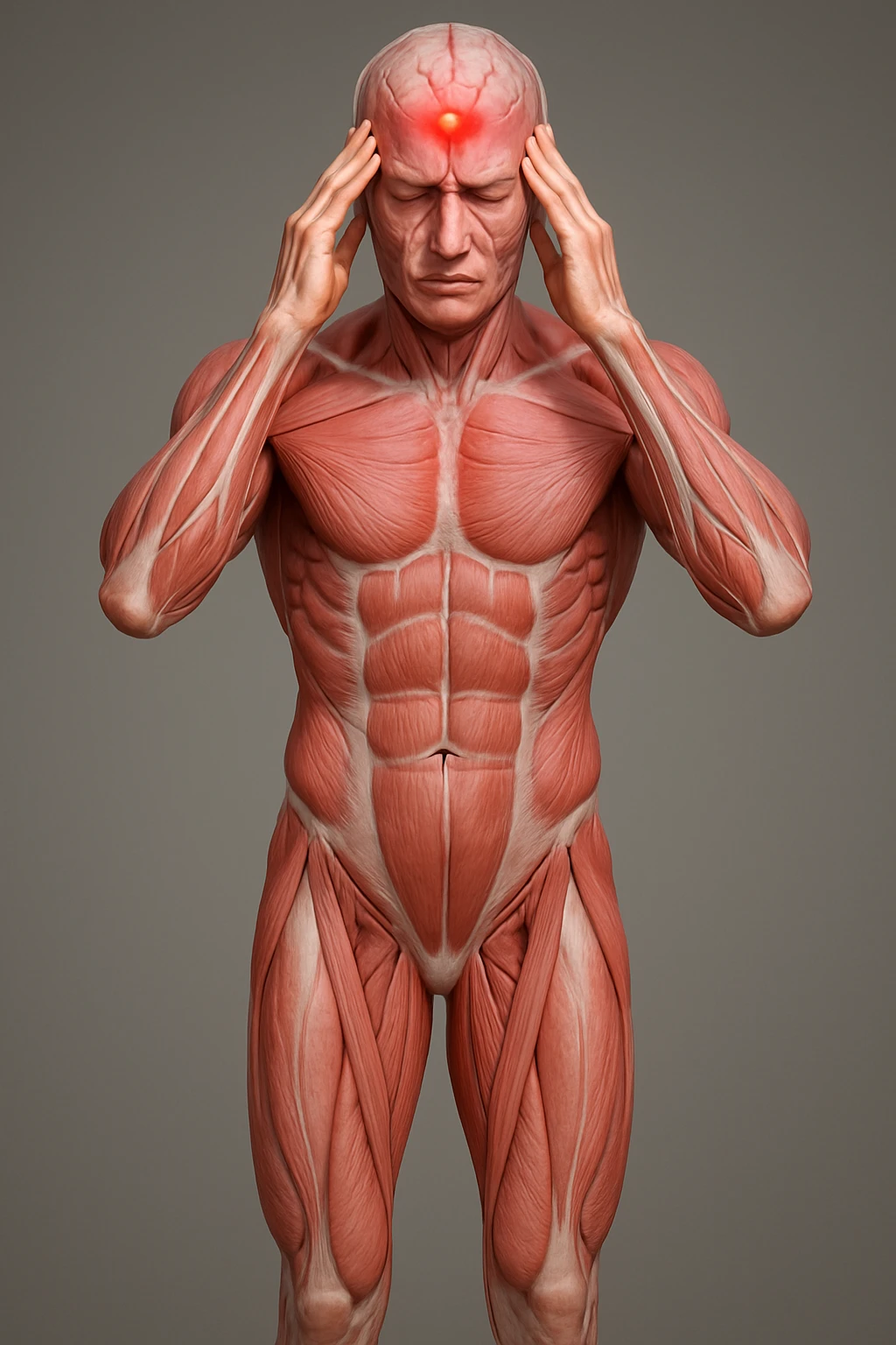 Full figure, hyperrealistic 4K medical illustration, exactly matching the style, pose, and composition of the reference: anatomical human body holding fingers on temples, contracted forehead, red spot on the forehead, expression of pain, clear background, extremely detailed, same lighting and style as reference. emoji
