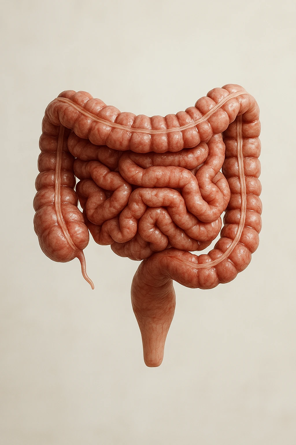 INTESTINO UMANO ANATOMICO REALISTICO FLUTTUA IN ARIA, SFONDO CHIARO, iperrealistico 4k emoji
