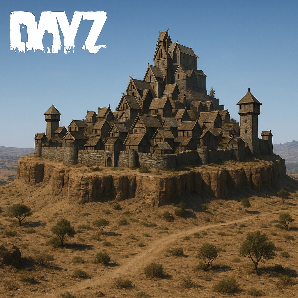 A small hilltop mesa city in the videogame dayz, screensot, based on whiterun emoji