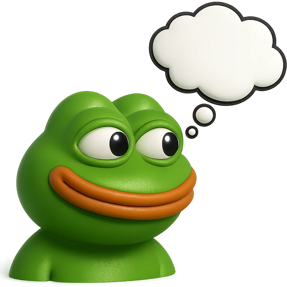 make a pepe in bright green smiling with thought bubble looking at right side in 3d style, good highlights and shadows, drop shadows emoji