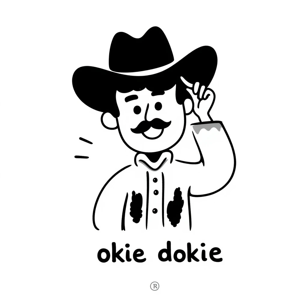 playful emoji of a cowboy tipping his hat, with the phrase 'okie dokie' in a handwritten style emoji
