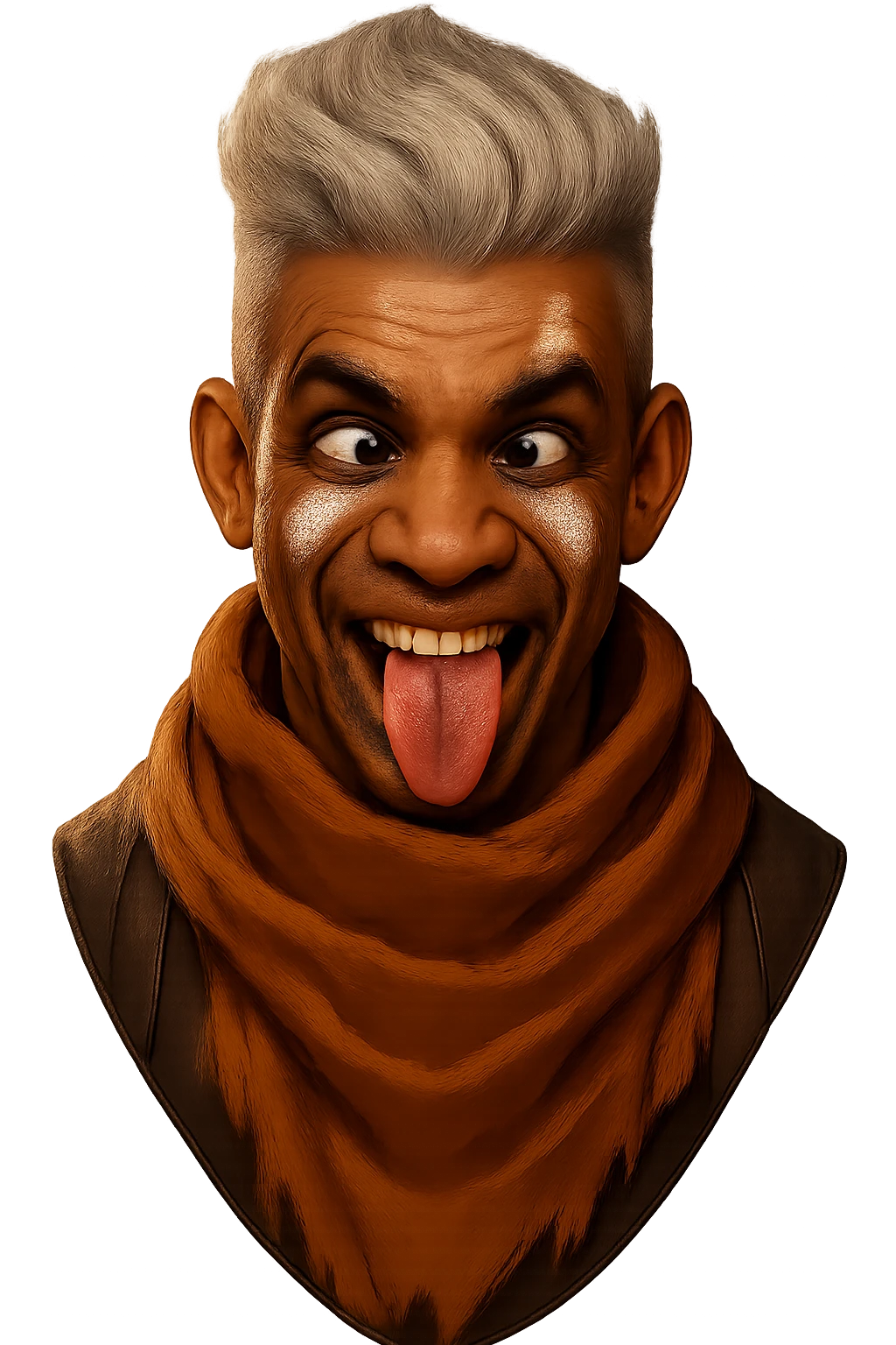 Change the character's expression to a funny, exaggerated face such as crossed eyes, tongue out, or a goofy grin, keeping the style and appearance the same as the original image. Maintain the transparent background. emoji