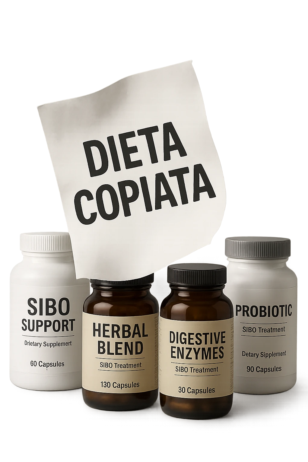 FOGLIO DI CARTA FLUTTUA IN ARIA CON LA SCRITTA "DIETA COPIATA", INSIEME A BARATTOLI DI INTEGRATORI PER CURARE IL SIBO IN ITALIANO, IPERREALISTICO 4K, NON DISEGNATO emoji