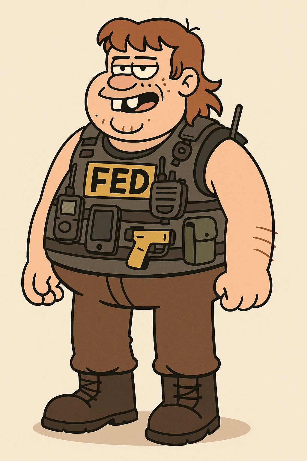 A fat federal agent with buck teeth, tactical vest covered in gadgets, redneck look with mullet haircut, sleeveless shirt, and boots, lighthearted cartoon style emoji