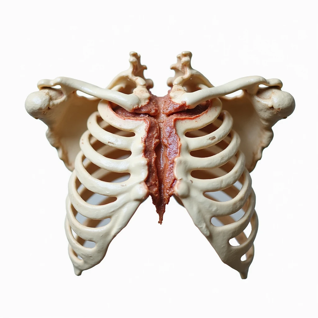 realistic winged scapula pathology, isolated on white background, superior view, showing separation of scapula from rib cage emoji