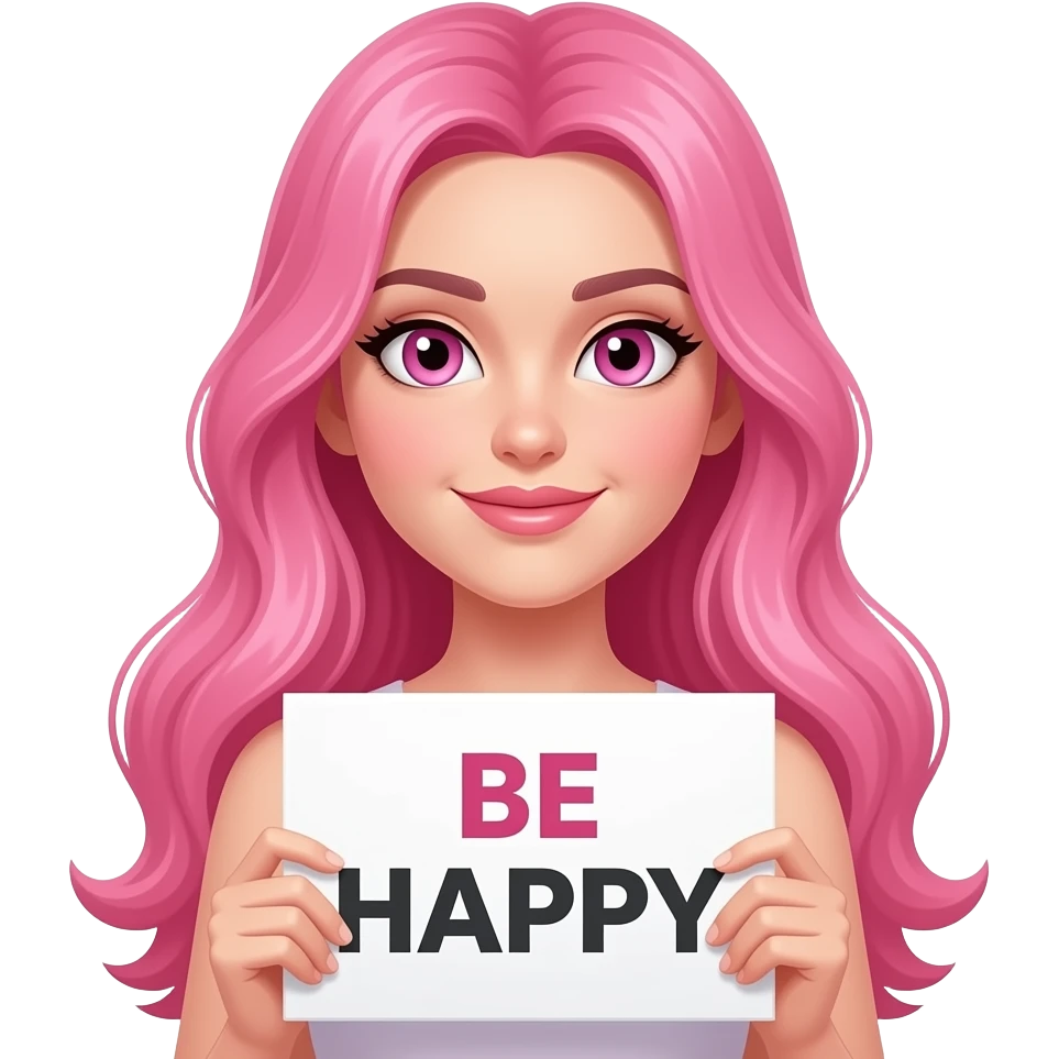 sexy girl with long pink hair and pink eyes holding BE HAPPY sign emoji